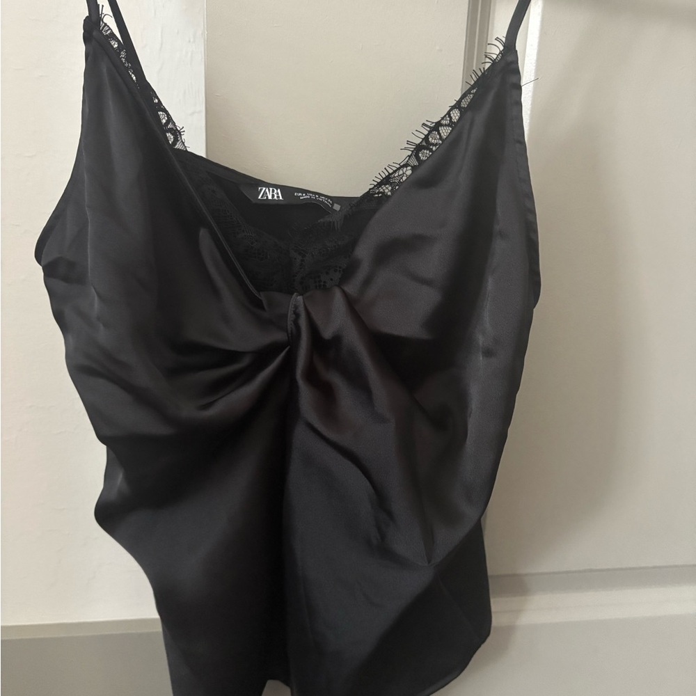 Zara Black Satin Lace-Trim Top Size Small